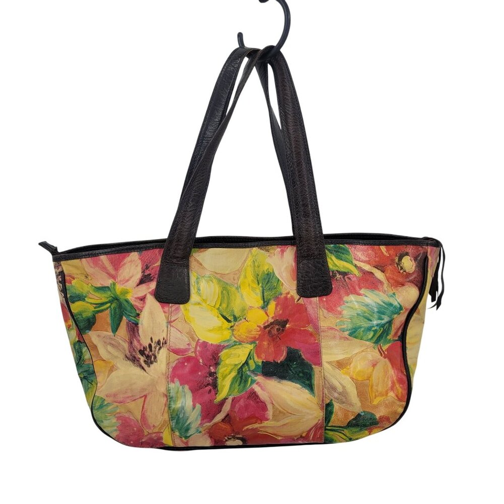Vtg Maurizio Taiuti Italian Leather Hand-Painted Tote Bag Floral Italy Overnight